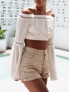 Choies White Off Shoulder Cut Out Detail Flared Sleeve Crop Top