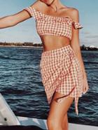 Choies Orange Plaid Ruffle Trim Crop Top And High Waist Mini Skirt