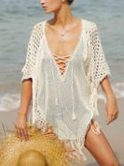 Choies White Plunge Lace Up Front Fishnet Detail Tassel Trim Blouse