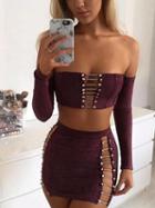 Choies Burgundy Faux Suede Off Shoulder Strap Detail Top And Mini Skirt