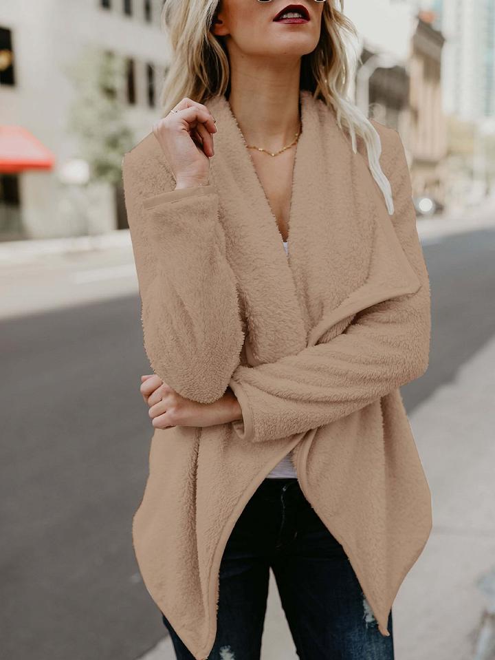 Choies Khaki Lapel Fluffy Long Sleeve Coat