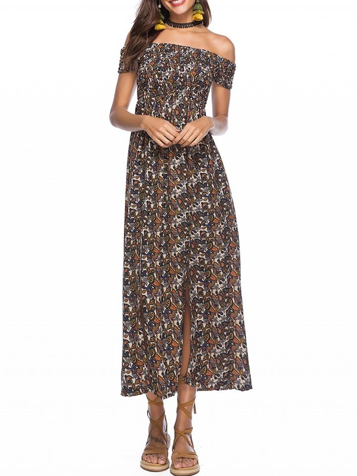 Choies Yellow Off Shoulder Floral Print Thigh Split Maxi Dress