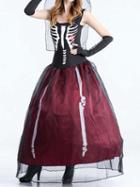 Choies Burgundy Skeleton Print Sleeveless Halloween Cosplay Party Maxi Dress
