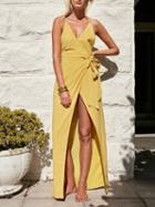 Choies Yellow V-neck Spaghetti Strap Backless Tie Side Maxi Wrap Dress