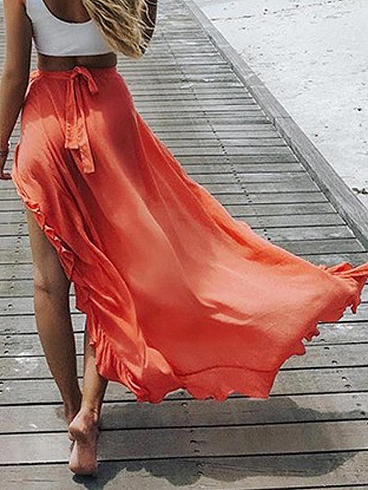 Choies Red High Waist Tie Waist Hi-lo Maxi Skirt