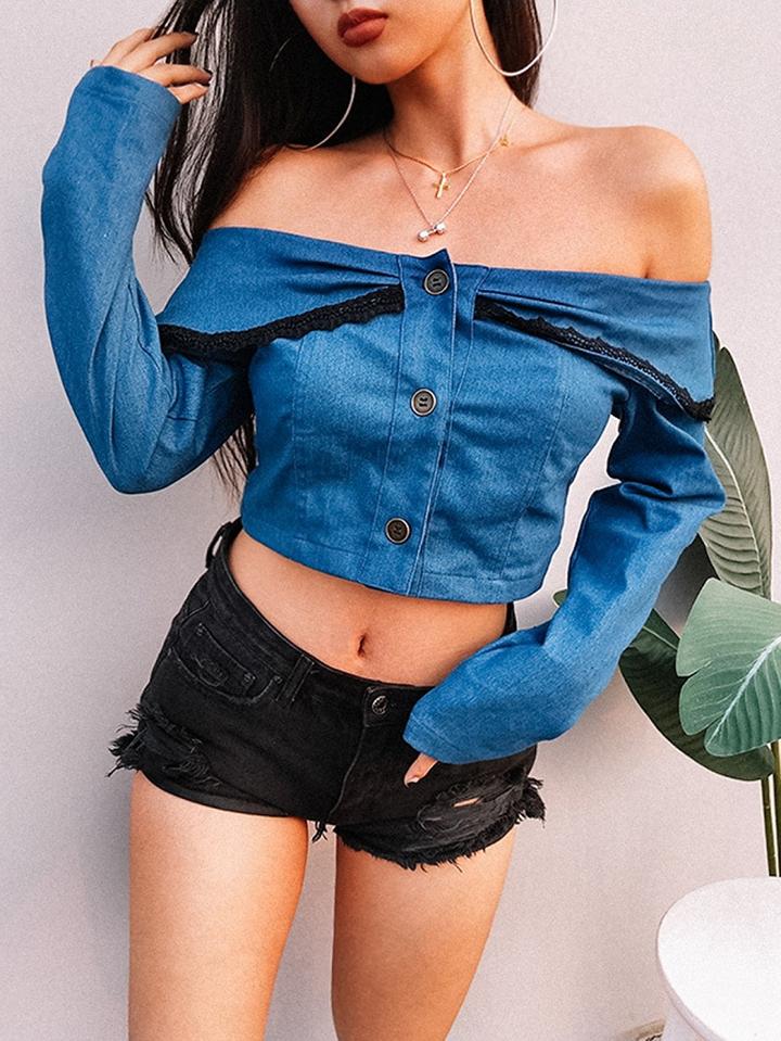 Choies Blue Off Shoulder Button Placket Front Long Sleeve Women Crop Top
