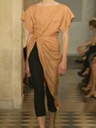 Choies Brown Cotton Ruched Detail Asymmetric Hem Chic Women Midi Dress