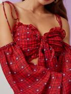Choies Red Plaid Tie Front Frill Trim Puff Sleeve Women Crop Cami Top