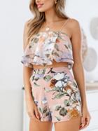Choies Pink Spaghetti Strap Floral Print Crop Top And High Waist Shorts