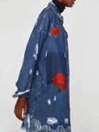 Choies Blue Lapel Embroidery Rose Fringe Hem Longline Denim Coat