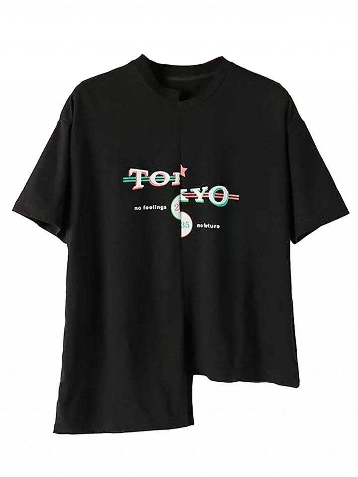 Choies Black Letter Print Asymmetric Hem Short Sleeve T-shirt