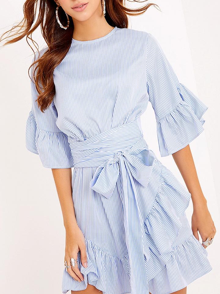 Choies Blue Stripe Bell Sleeve Belt Waist Ruffle Hem Dress