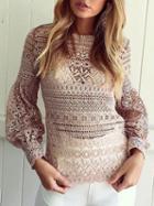 Choies Pink Crew Neck Puff Sleeve Lace Blouse
