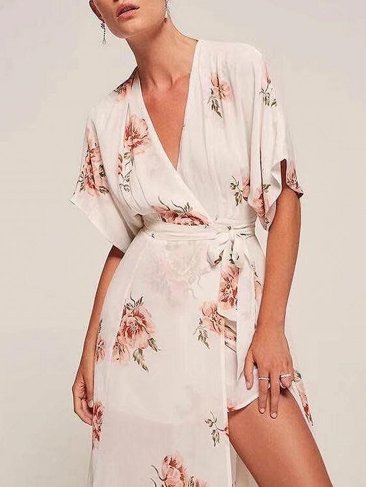 Choies White V-neck Tie Waist Floral Print Maxi Dress
