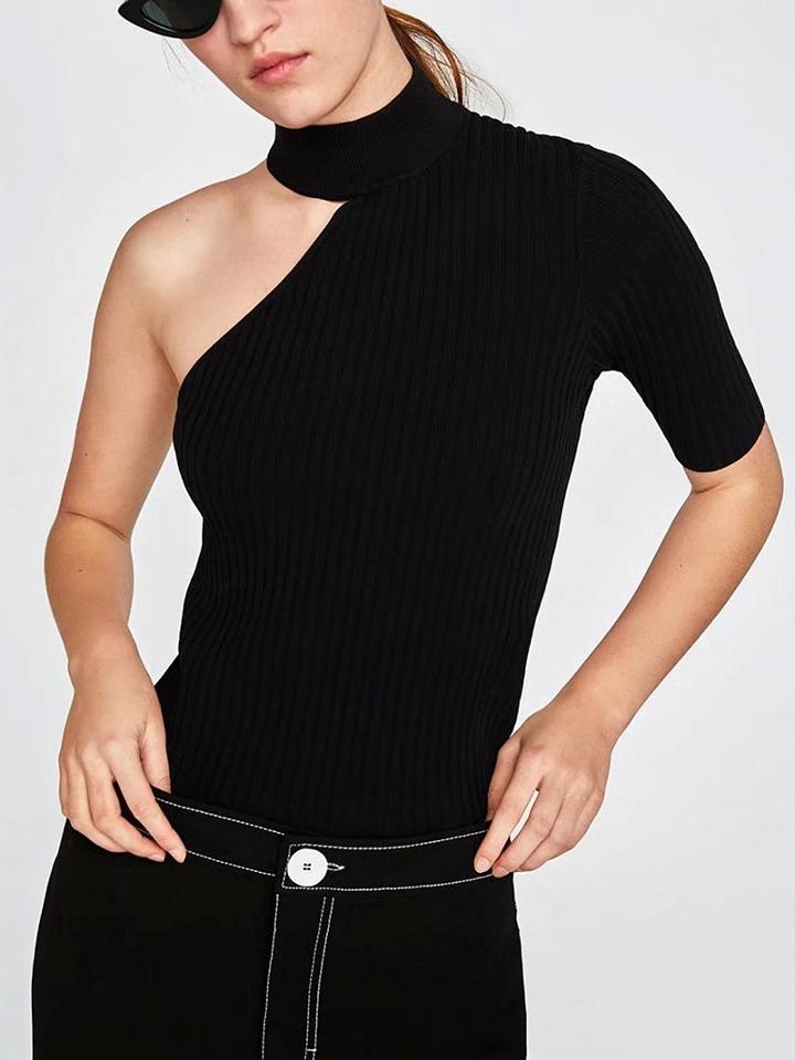 Choies Black High Neck One Shoulder Ribbed Top