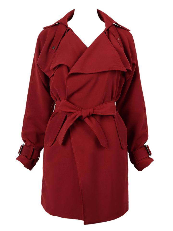  Purple Red Lapel Trench Coat With Belt