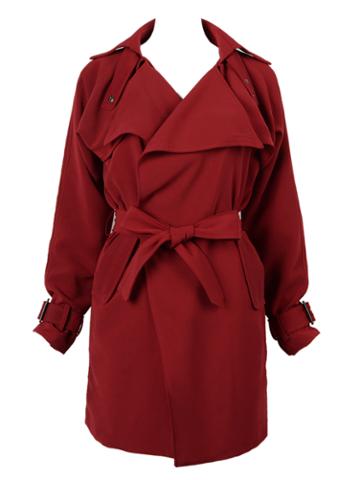 Purple Red Lapel Trench Coat With Belt