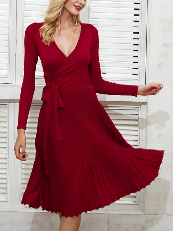Choies Burgundy Plunge Tie Waist Long Sleeve Knitted Pleated Dress