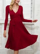Choies Burgundy Plunge Tie Waist Long Sleeve Knitted Pleated Dress