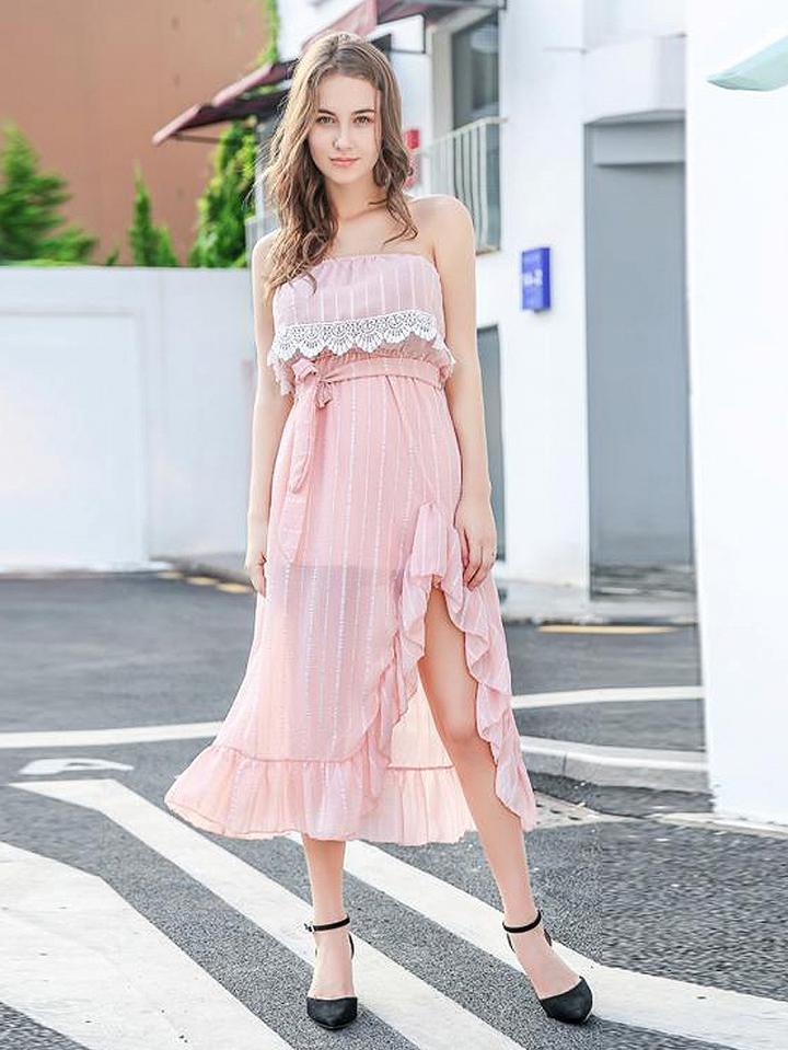 Choies Pink Bandeau Layer Ruffle Trim Tie Waist Midi Dress