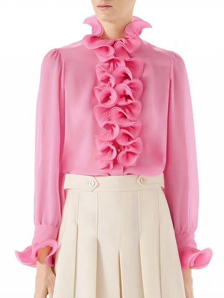 Choies Pink Ruffle Trim Button Front Long Sleeve Shirt