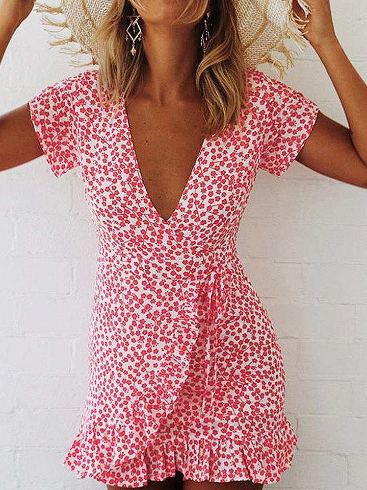 Choies Red V-neck Floral Print Tie Waist Frill Trim Mini Dress