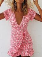 Choies Red V-neck Floral Print Tie Waist Frill Trim Mini Dress