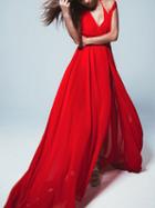 Choies Red V-neck Waist Split Front Sleeveless Maxi Dress