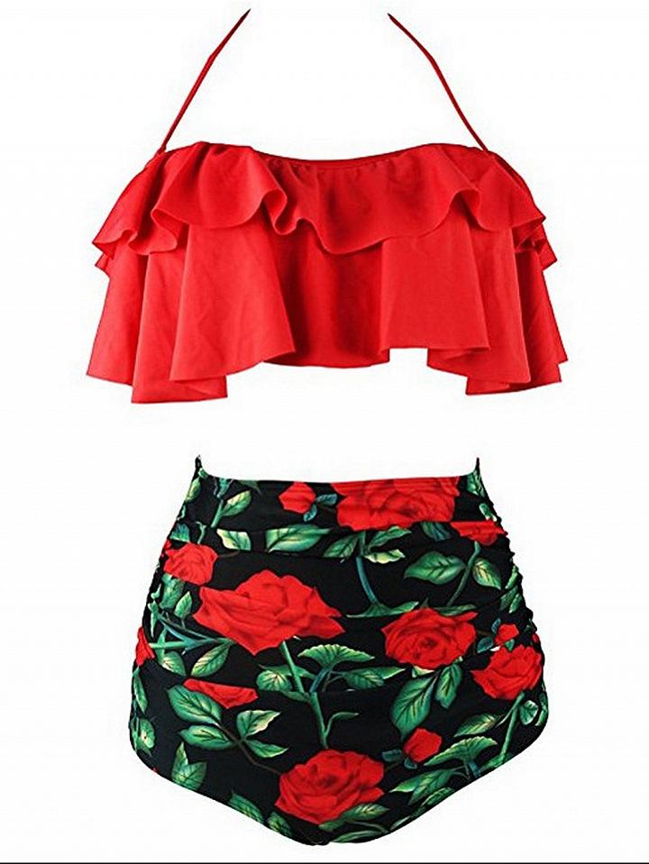 Choies Red Halter Ruffle Trim Bikini Top And High Waist Bottom