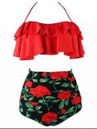 Choies Red Halter Ruffle Trim Bikini Top And High Waist Bottom