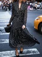 Choies Black V-neck Polka Dot Print Long Sleeve Chic Women Maxi Dress