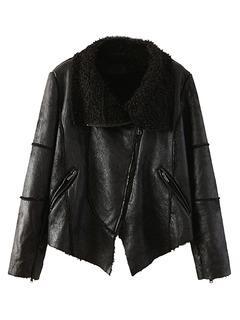 Choies Black Lapel Shearling Long Sleeve Biker Jacket