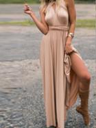 Choies Khaki Polyester V-neck Ruched Detail Open Back Party Women Maxi Dress