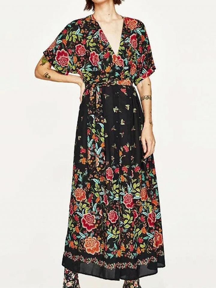 Choies Multicolor Floral Warp V-neck Tie Waist Short Sleeve Maxi Dress