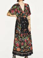 Choies Multicolor Floral Warp V-neck Tie Waist Short Sleeve Maxi Dress