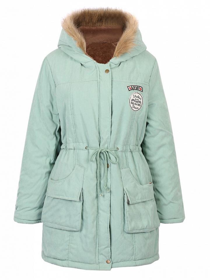 Choies Light Blue Pocket Patch Detail Faux Fur Hooded Parka Coat