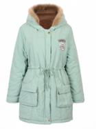Choies Light Blue Pocket Patch Detail Faux Fur Hooded Parka Coat