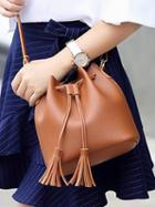 Choies Brown Tassel Drawstring Detail Bucket Shoulder Bag