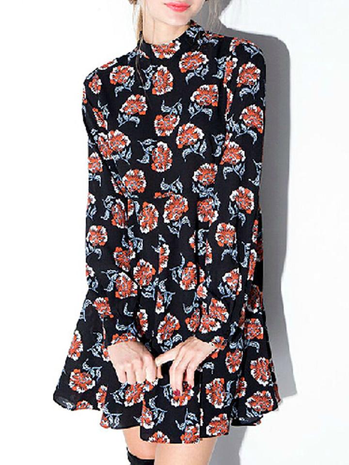 Choies Multicolor Floral High Neck Long Sleeve Skater Dress
