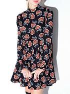 Choies Multicolor Floral High Neck Long Sleeve Skater Dress