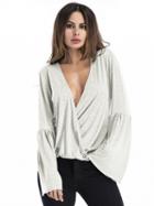 Choies Light Gray Plunge Wrap Front Flare Sleeve Blouse
