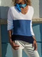 Choies Blue Contrast V-neck Long Sleeve Chic Women Sweater