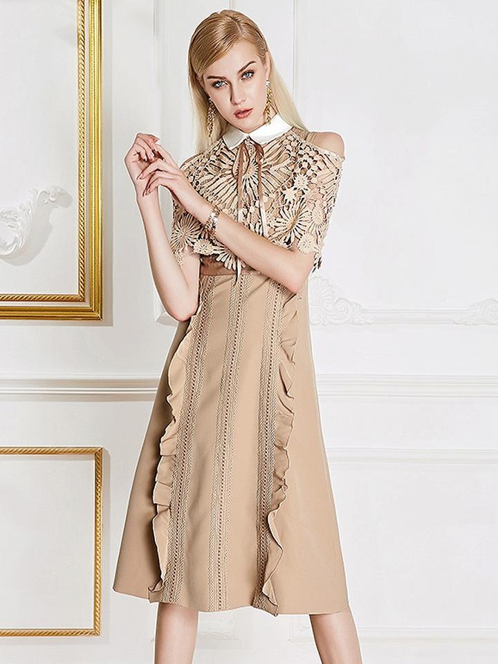 Choies Khaki Cold Shoulder Lace Panel Pointed Collar Ruffle Trim Midi Dress