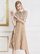 Choies Khaki Cold Shoulder Lace Panel Pointed Collar Ruffle Trim Midi Dress
