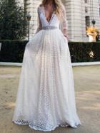 Choies White Plunge Neck Sheer Embroidery 3/4 Sleeve Prom Dress