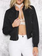 Choies Black Eyelet Lace Up Front Long Sleeve Chic Women Bomber Jacket