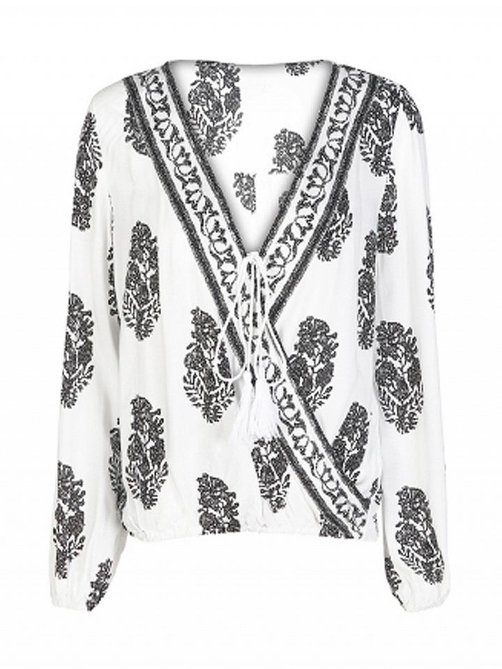 Choies White Wrap Plunge Botanical Print Long Sleeve Blouse