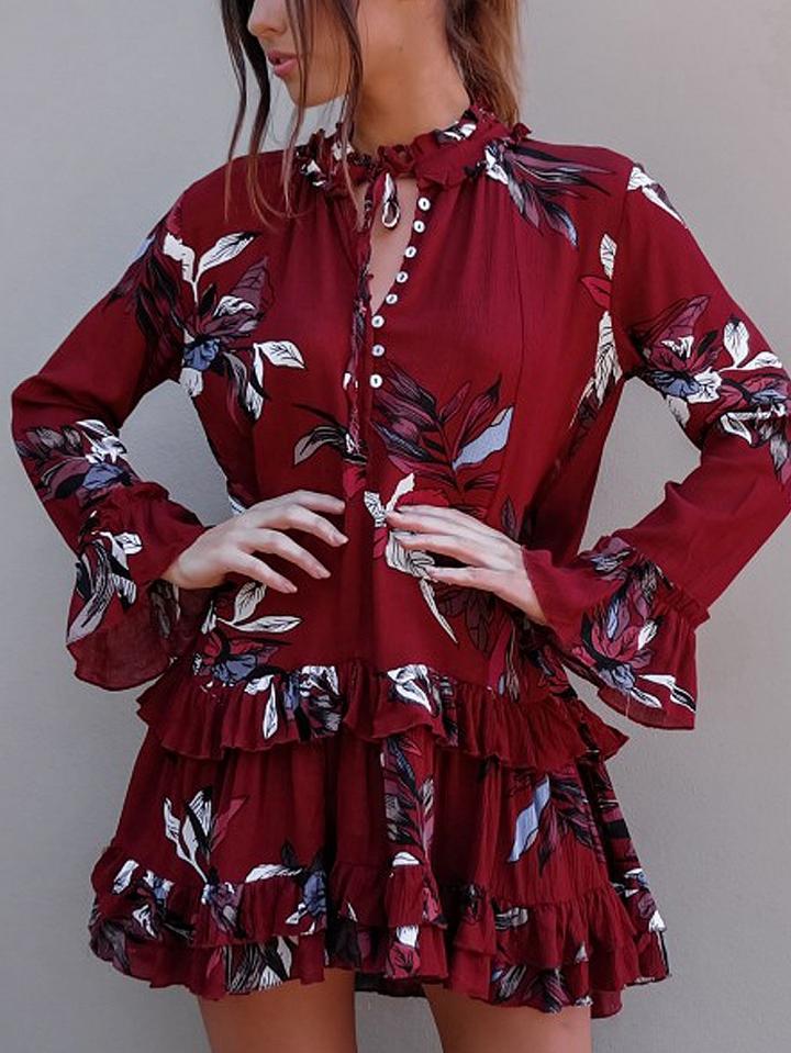 Choies Red Floral Print Ruffle Trim Button Front Long Sleeve Dress