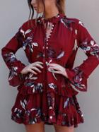 Choies Red Floral Print Ruffle Trim Button Front Long Sleeve Dress