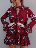 Choies Red Floral Print Ruffle Trim Button Front Long Sleeve Dress